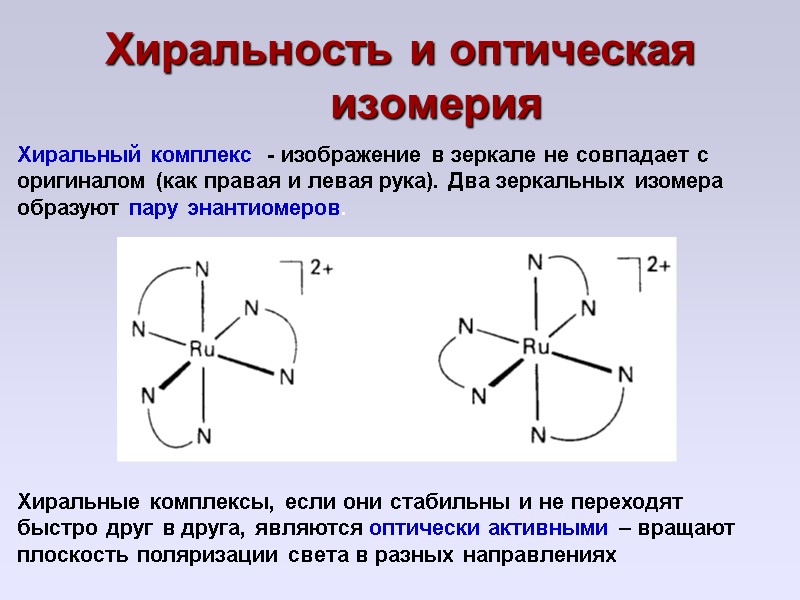 Хиральность и оптическая изомерия Хиральный комплекс  - изображение в зеркале не совпадает с